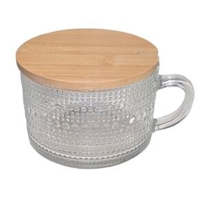 Clear Glass Mug Embossed Pattern and Bamboo Lid honey salt sugar etc 0 spoon